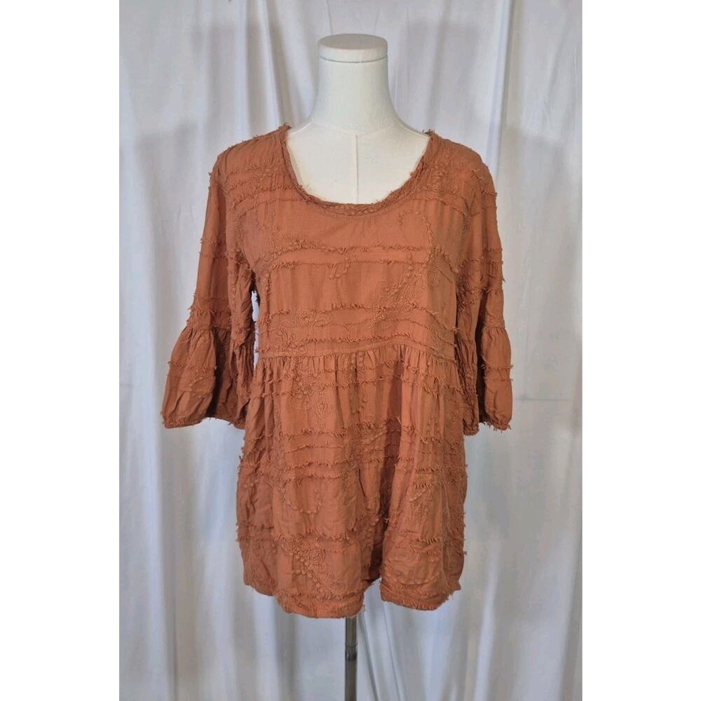 Tianello Embroidered Fringed Brown Cotton Tunic Top Small